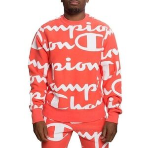 Champion Sweatshirt Mens Medium Coral All Over Print Script Reverse Weave XXL